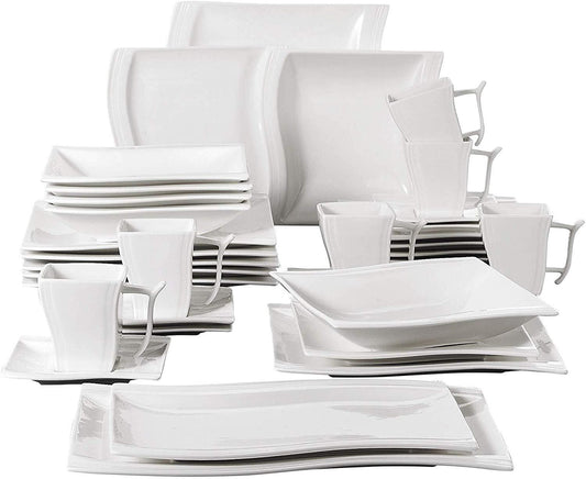 FLORA 32-Piece Porcelain Dinnerware Set with 6*Cup/Saucer/Dessert Plate/Soup Plate/Dinner Plate and 2*Rectangular Plate - Nordic Side - 32, and, CupSaucerDessert, Dinnerware, FLORA, MALACASA,