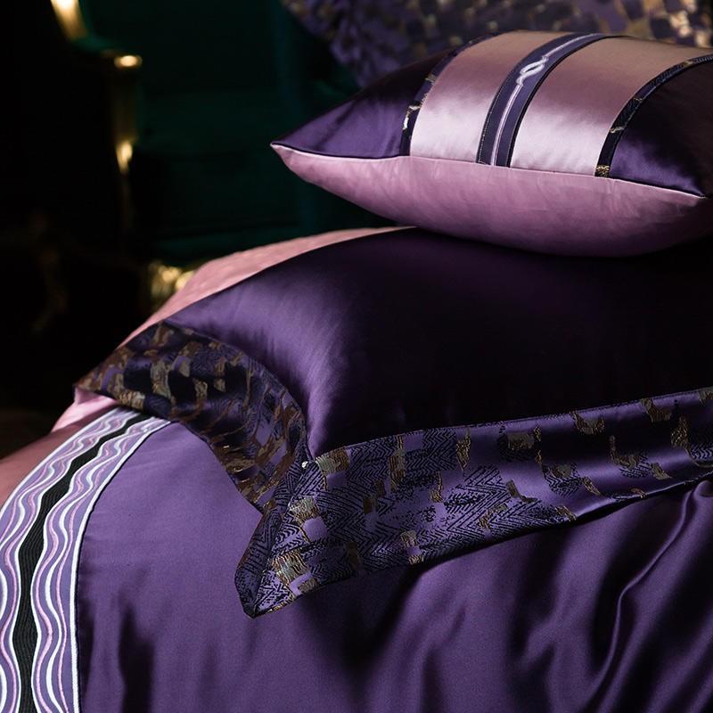 Chic Patchwork Purple Satin Fabric Embroidery Duvet Set