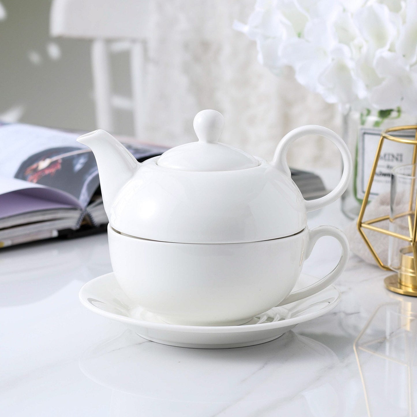 Series Sweet.time 4-Piece Tea for one Set Cream White Porcelain Teapot with the Lid Cup and Saucer - Nordic Side - and, Cream, Cup, for, Lid, one, Piece, Porcelain, Saucer, Series, Set, Sweet
