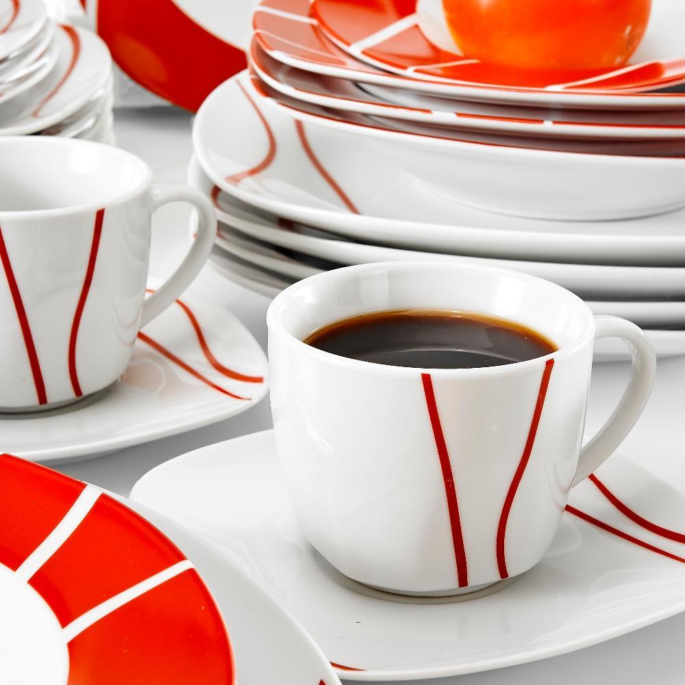 Series Felisa 30 Piece Red Stripes Ivory White Porcelain Dinner Set with 6 Piece Cups Saucers Dessert Soup Dinner Plate (Red) - Nordic Side - 30, Cups, Dessert, Dinner, Felisa, Ivory, MALACAS