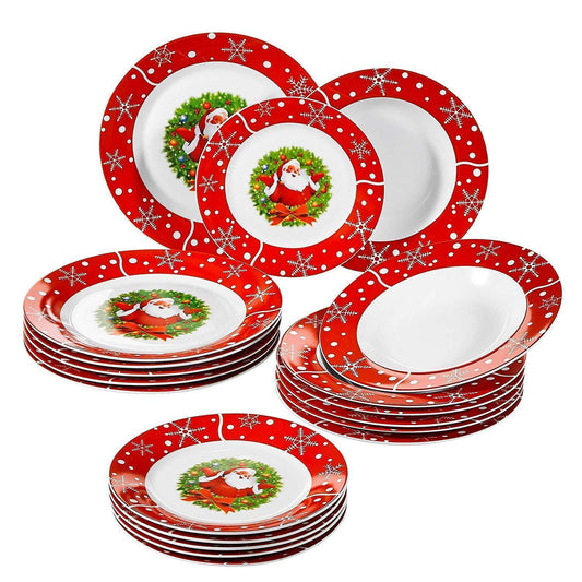 SANTA CLAUS 18-Piece Christmas Style Porcelain Dinnerware Plate Set - Nordic Side - 18, Christmas, CLAUS, Dessert, Dinner, Dinnerware, Piece, Plate, Porcelain, SANTA, Set, Soup, Style, Tablew