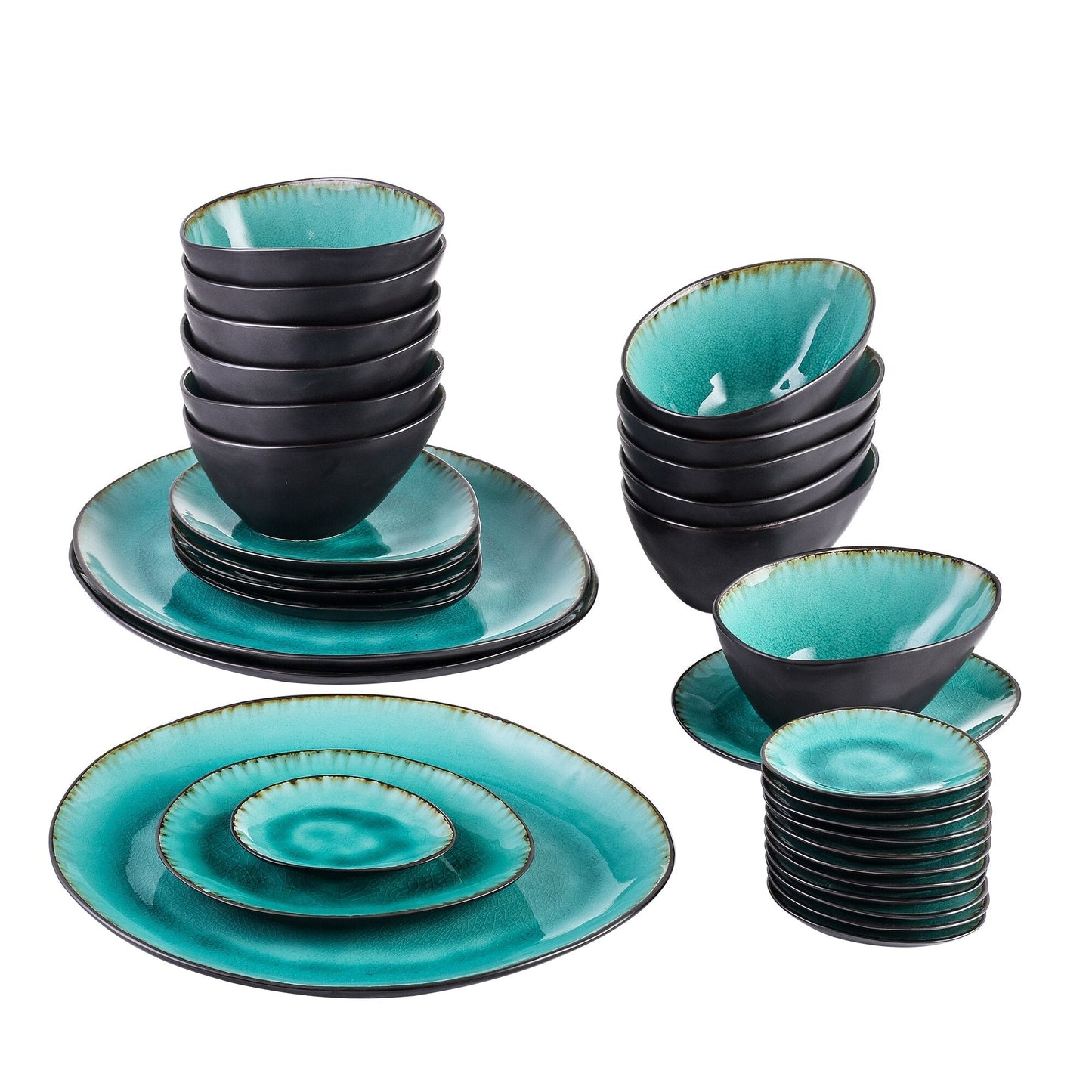 Bonita 33-Piece Pottery Stoneware Vintage Ceramic Dinner Set - Nordic Side - 12, 33, Aqua, Ceramic, Dessert, Dinner, Dipping, DishesBowl, Piece, Plate, Pottery, Set, Stoneware, VANCASSO, Vint