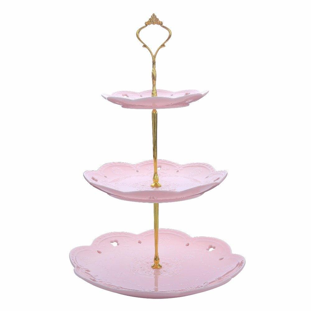 Sweet.Time Pink Color 3 Tier Ceramic Cake Stand Porcelain Party Food Server Display With Golden Carry Handle (Pink Round) - Nordic Side - Cake, Carry, Ceramic, Color, Display, Food, Golden, H