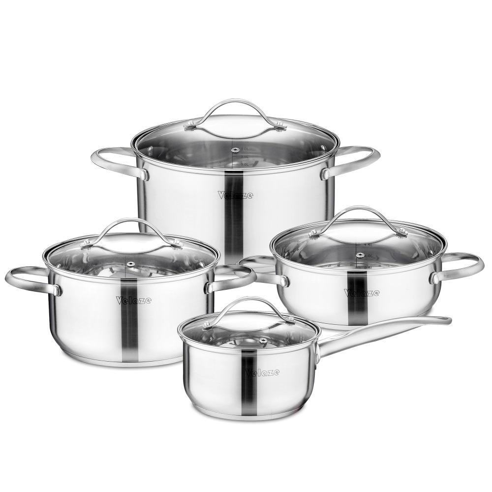 Cookware Set Stainless Steel 8-Piece Cooking Pot Pan Set Induction Safe Saucepan Casserole with Glass lid Non Stick (Silver) - Nordic Side - Casserole, Cooking, Cookware, Glass, Induction, li