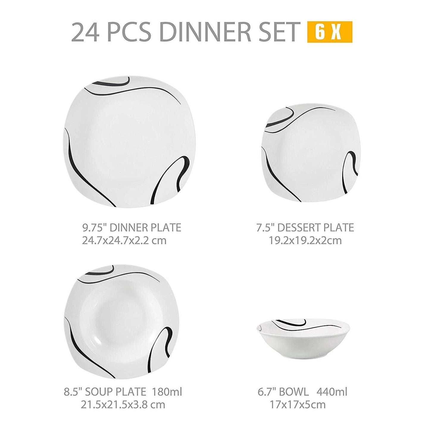 KAYLA 24-Piece Porcelain Tableware Breakfast Set Kitchen Ceramic Bowl Dessert Plate Soup Plate Dinner Plate Set - Nordic Side - 24, Bowl, Breakfast, Ceramic, Dessert, Dinner, KAYLA, Kitchen, 