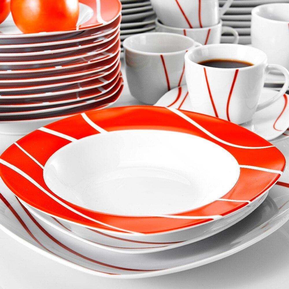 Series Felisa 60 Piece Red Stripe Ivory White Porcelain Dinner Set with 12 Piece Cups Saucers Dessert Soup Dinner Plate (Red) - Nordic Side - 12, 60, Cups, Dessert, Dinner, Felisa, Ivory, MAL