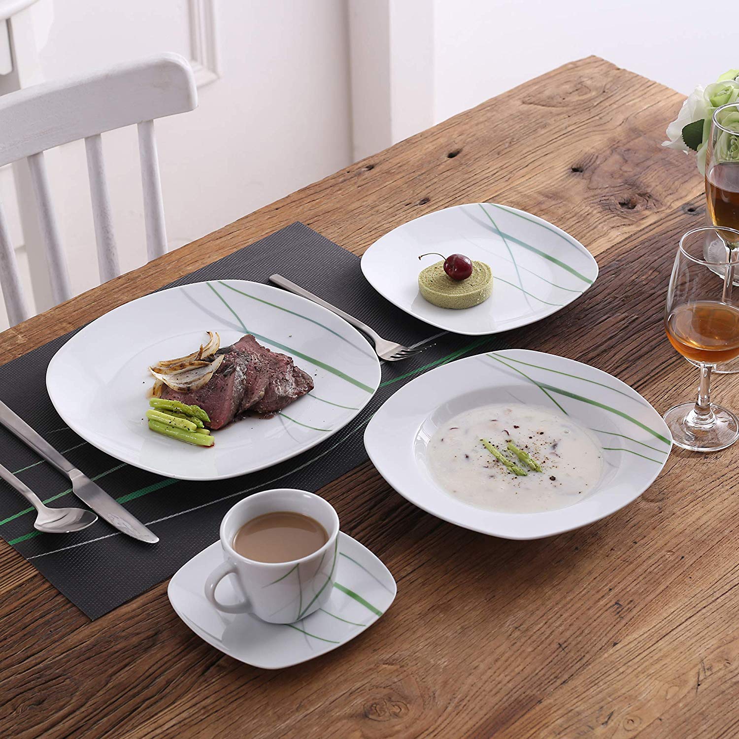 AVIVA 60-Piece Kitchen Green Line Porcelain China Ceramic Plate Set with Dessert Plate,Soup Plate,Dinner Plate,Cup&Saucer - Nordic Side - 60, AVIVA, Ceramic, China, Dessert, Green, Kitchen, L