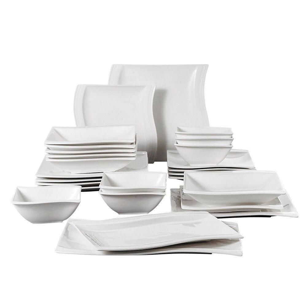 Serie Flora 26-Piece Porcelain Dinner Set with Bowls Dessert Soup Dinner Plates Rectangular Plates Service for 6 Person (White) - Nordic Side - 26, Bowls, Dessert, Dinner, Flora, for, MALACAS
