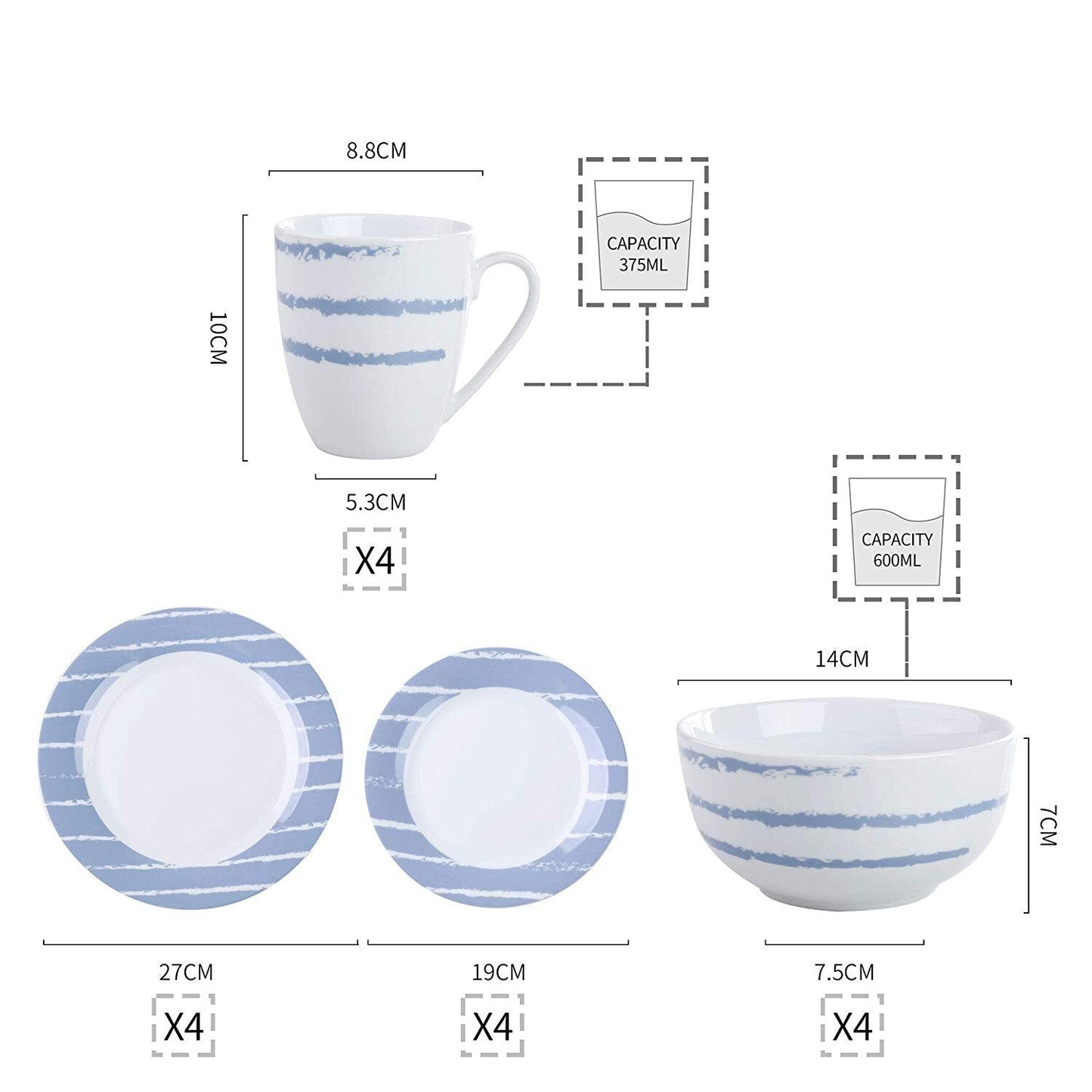 IMANI 16-Piece Porcelain Ceramic Dinnerware Tableware Plate Set with Dinner Plate,Dessert Plate,Cereal Bowl and 380ML Mug - Nordic Side - 16, 380, and, Bowl, Ceramic, Dinner, Dinnerware, IMAN