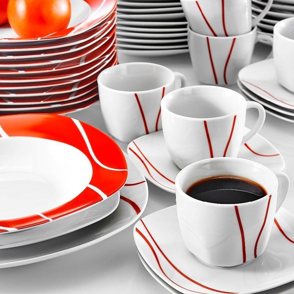 Series Felisa 60 Piece Red Stripe Ivory White Porcelain Dinner Set with 12 Piece Cups Saucers Dessert Soup Dinner Plate (Red) - Nordic Side - 12, 60, Cups, Dessert, Dinner, Felisa, Ivory, MAL