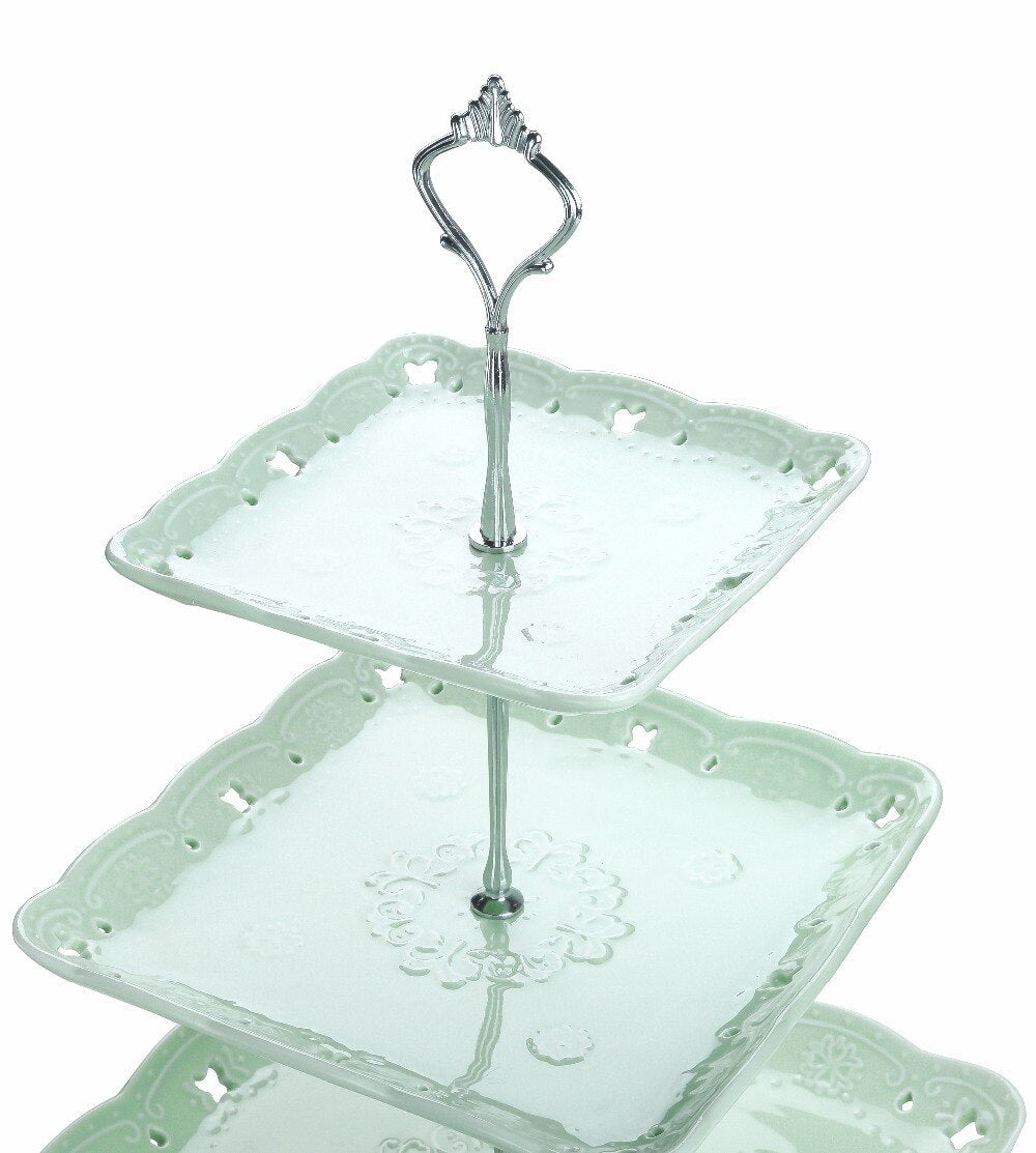 Sweet.Time 3 Tier Green Dessert Cake Tower Stand 14.5" Tall Porcelain Server Display Holder with Silver Carry Handle (Green Square) - Nordic Side - 145, Cake, Carry, Dessert, Display, Green, 