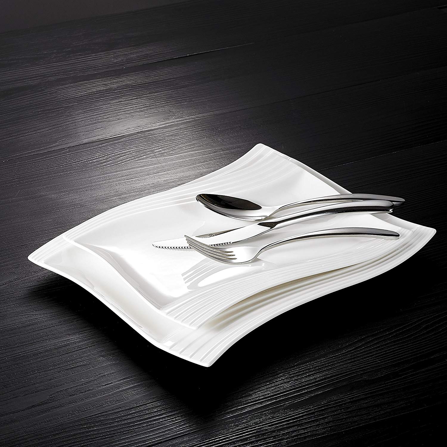 Amparo 4-Piece Ivory White Porcelain Dinner Plate Set (11"&13.25") - Nordic Side - 111325, Amparo, Ceramic, Dessert, Dinner, Dishes, Ivory, MALACASA, Piece, Plate, Porcelain, Rectangular, Sal