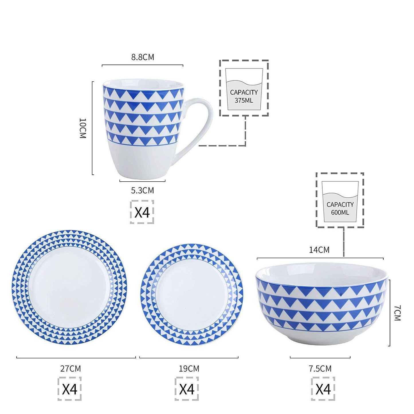 WES 16-Piece Porcelain Ceramic Dinnerware Plate Set with 4*Dinner Plate,Dessert Plate,Cereal Bowl and 380ML Mug Set - Nordic Side - 16, 380, and, Bowl, Ceramic, Dinner, Dinnerware, ML, Mug, P
