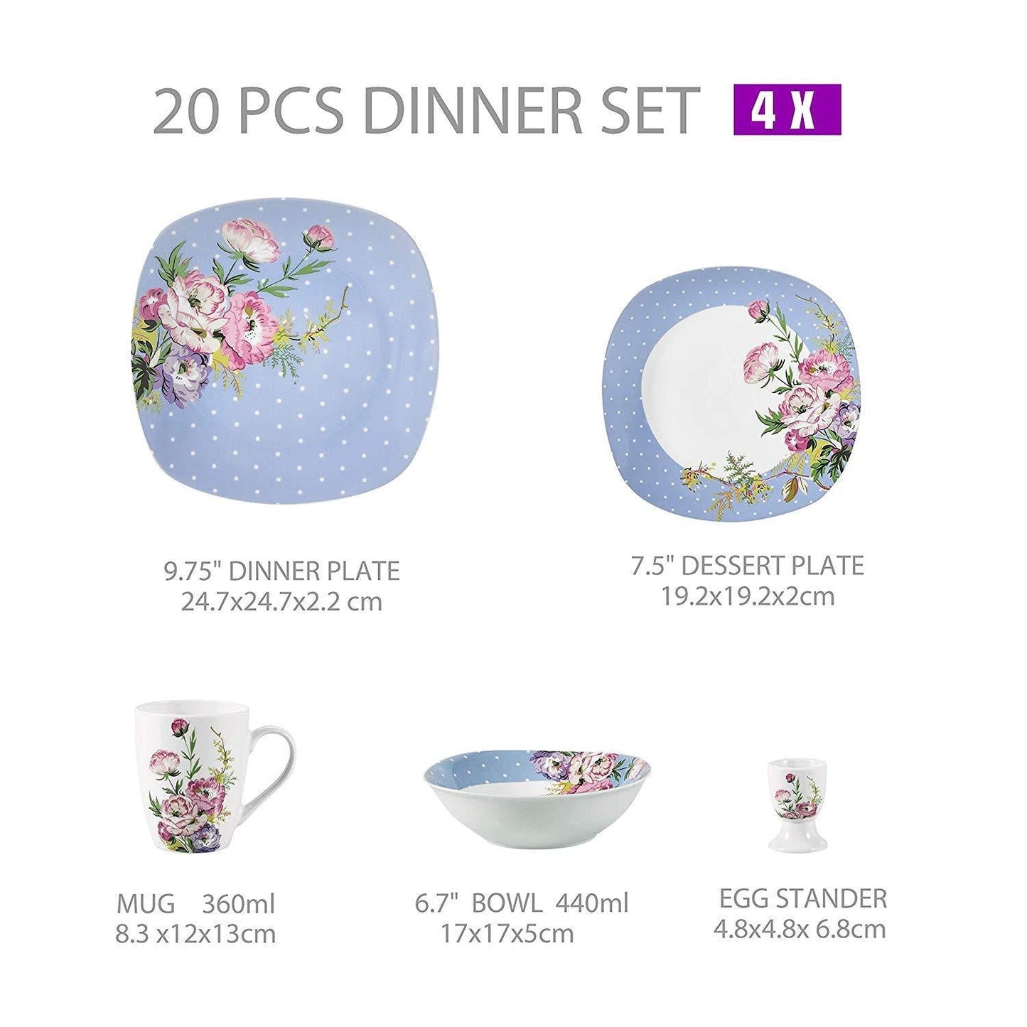 HANNAH 20-Piece Porcelain Flower Pattern Dinner Set Breakfast Combin-Set with Egg Cup Mug Bowl Dessert Plate Dinner Plate - Nordic Side - 20, Bowl, Breakfast, CombinSet, Cup, Dessert, Dinner,