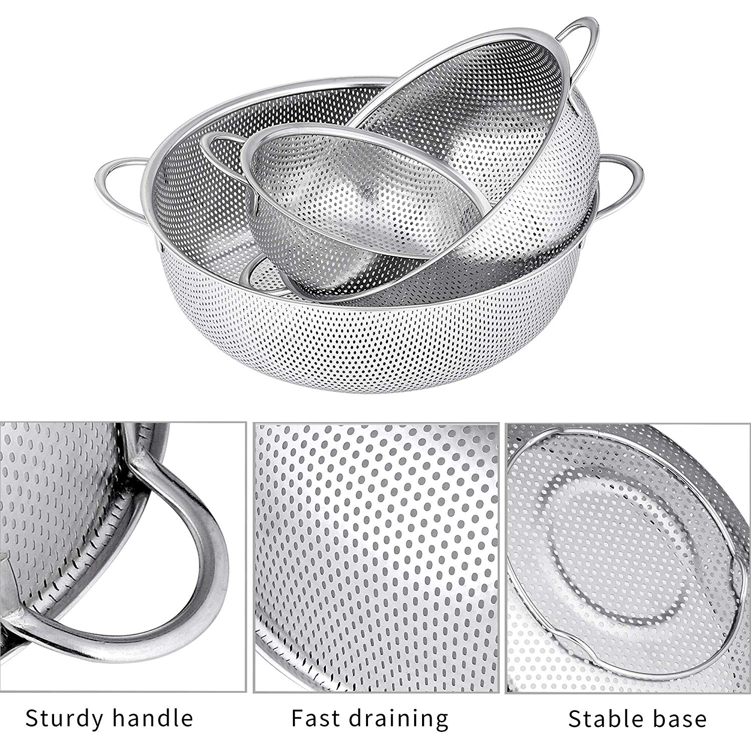 Colander Set of 3,Stainless Steel Micro-Perforated Colander Strainer with Handle for Draining Rinsing Washing Vegetable - Nordic Side - Colander, Draining, for, Handle, MicroPerforated, of, R