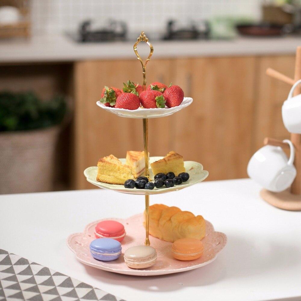 SweetTime Multi-Color 3 Tier Ceramic Cake Stand Porcelain Party Food Server Display With Golden Carry Handle (Colorful Round) - Nordic Side - Cake, Carry, Ceramic, Display, Food, Golden, Hand
