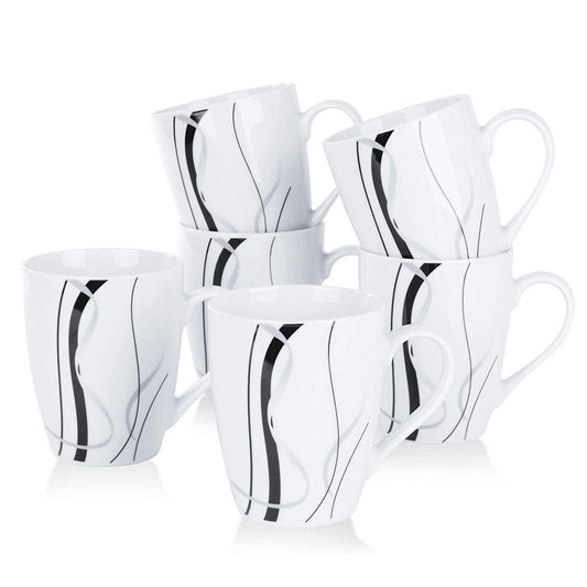 Fiona 6-Piece Ceramic Porcelain Black Stripe Patterned Tea/Coffee Mugs (360 ml) - Nordic Side - 360, Black, Ceramic, Coffee, Cups, Family, FIONA, ml, Mugs, Office, Patterned, Piece, Porcelain