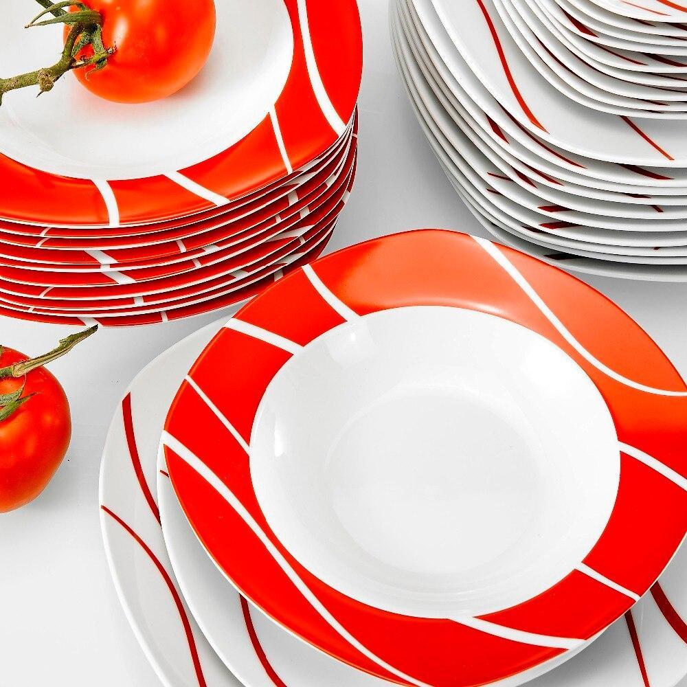 Series Felisa 36 Piece Red Stripes Ivory White Porcelain Dinner Set with 12 Piece Dessert Soup Dinner Plate Service Set (Red) - Nordic Side - 12, 36, Dessert, Dinner, Felisa, Ivory, MALACASA,