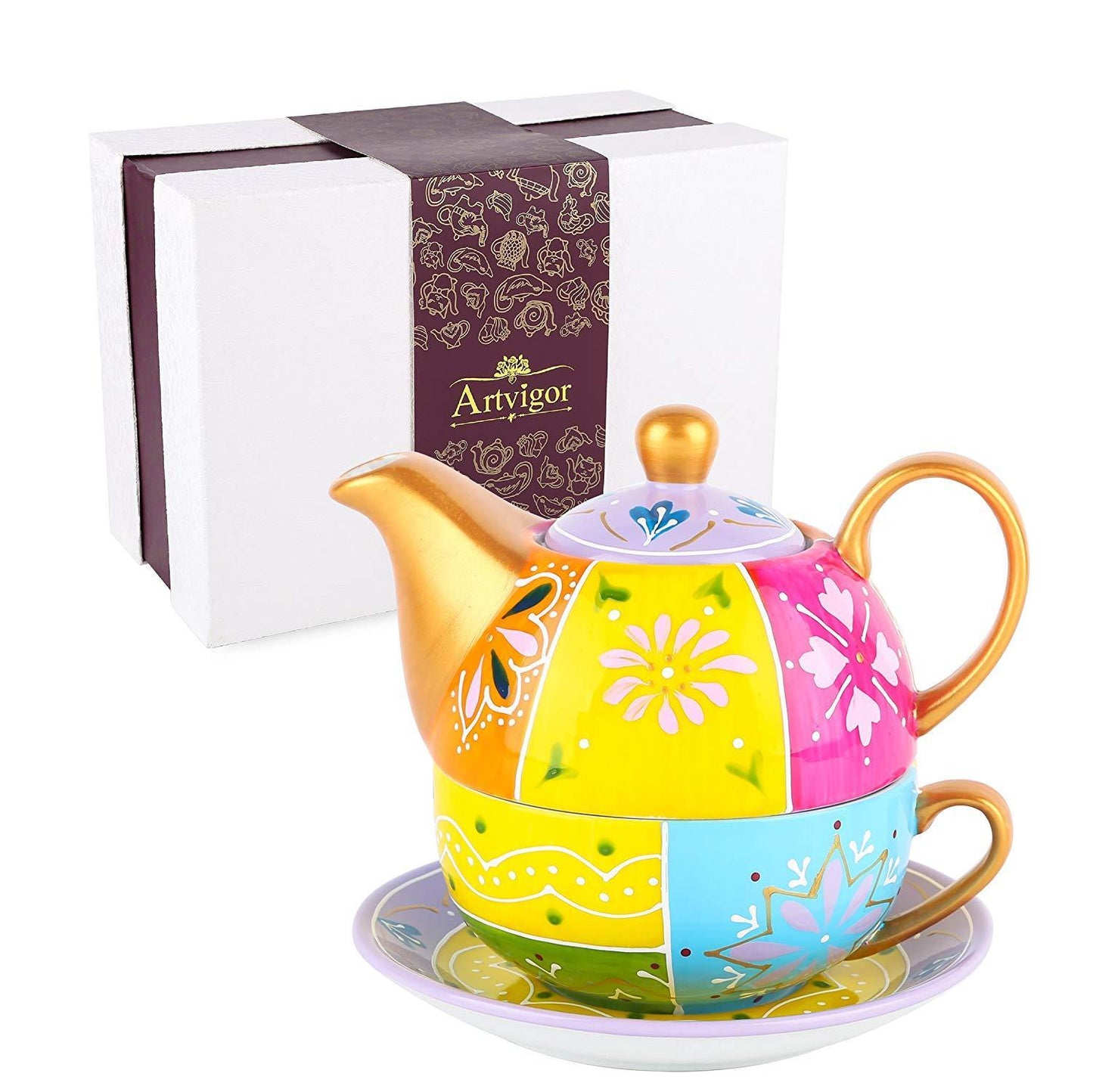 Portable Travel Tea Set for One with One Teapot,Cup and Saucer Stackable Porcelain Family Office Personal Teaware Set - Nordic Side - and, ARTVIGOR, Family, for, Office, One, Personal, Porcel