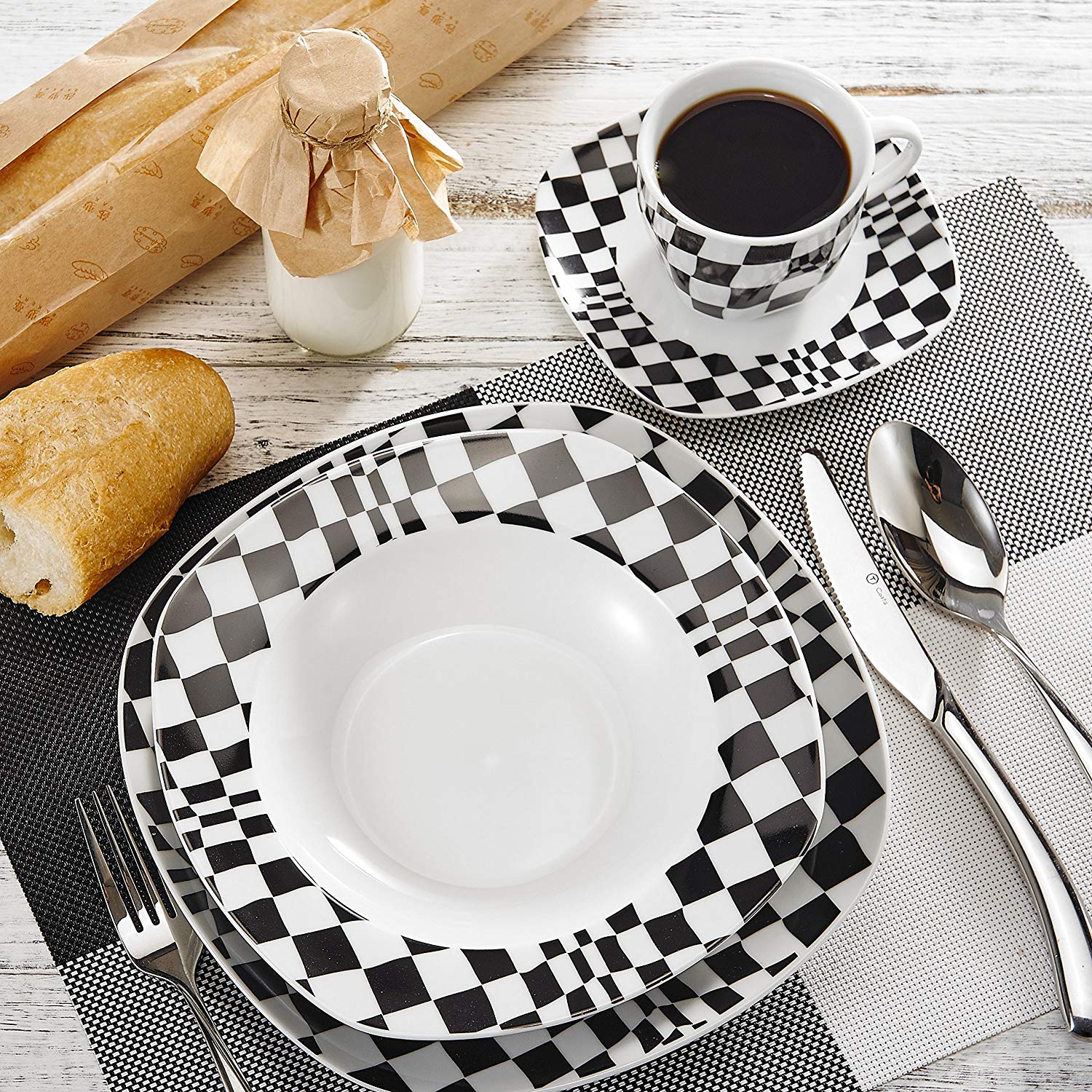 LOUISE 60-Piece Porcelain Ceramic Dinnerware Tableware Set with 12*Dessert Plate,Soup Plate,Dinner Plate,Cup&Saucer - Nordic Side - 12, 60, Ceramic, Dessert, Dinnerware, LOUISE, Piece, PlateC