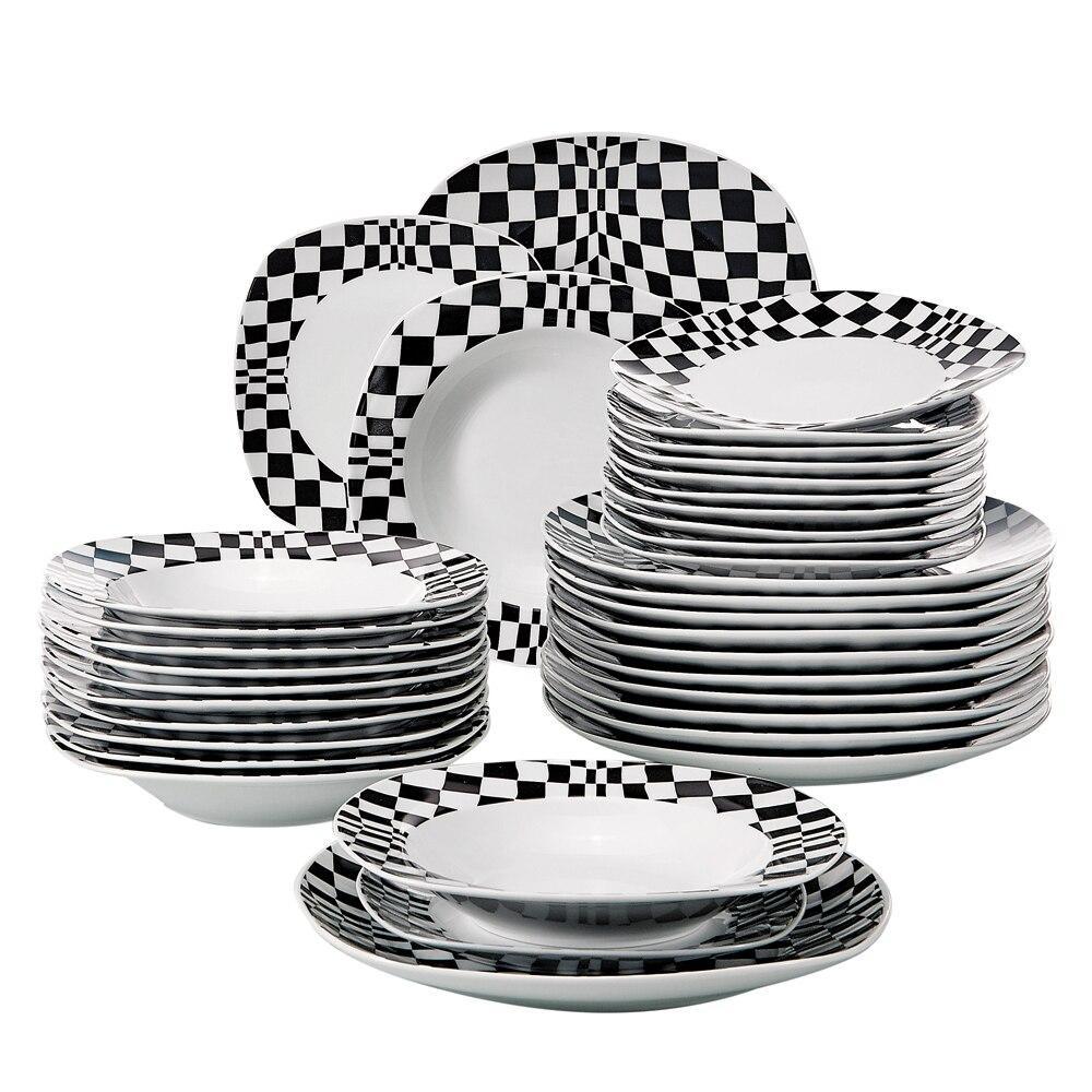 LOUISE 36-Piece Ivory White Porcelain Ceramic Black Mosaics Dinner Set of 12*Dinner Plate,Dessert Plate,Soup Plate Set - Nordic Side - 12, 36, Black, Ceramic, Dinner, Ivory, LOUISE, Mosaics, 