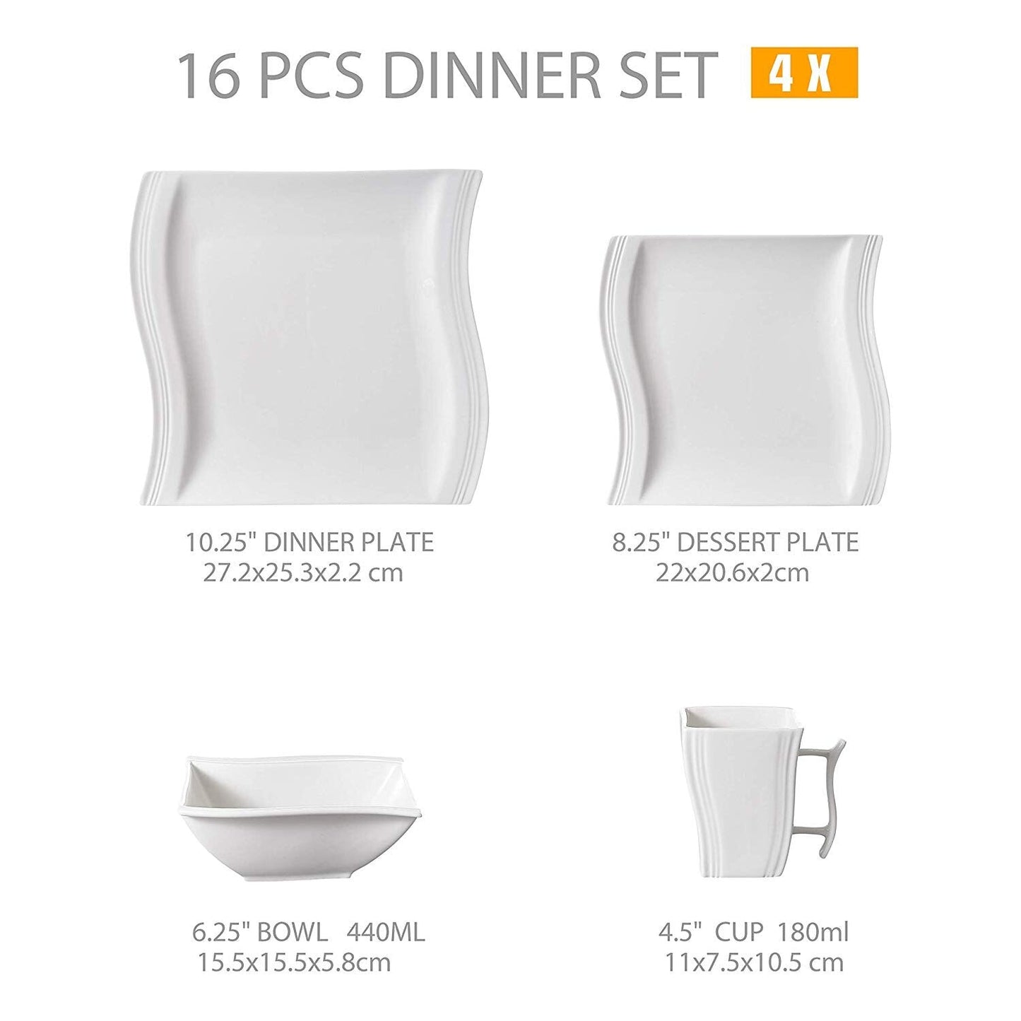 Flora 16-Piece White Porcelain Dinner Set with 4-Piece Bowls,Dessert Plates,Dinner Plates,Mugs Service for 4 Person - Nordic Side - 16, BowlsDessert, Dinner, Flora, for, MALACASA, Person, Pie