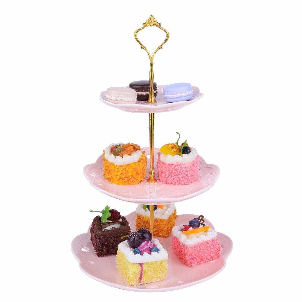 Sweet.Time Pink Color 3 Tier Ceramic Cake Stand Porcelain Party Food Server Display With Golden Carry Handle (Pink Round) - Nordic Side - Cake, Carry, Ceramic, Color, Display, Food, Golden, H