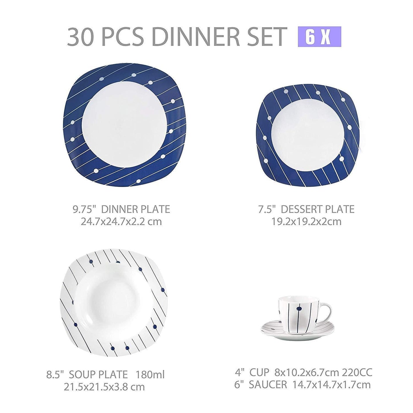 DOT001 30-Piece Dinnerware Ceramic Dinner Tableware Plate Set Porcelain Dinner Dessert Plate,Soup Plate Cup,Saucer Set - Nordic Side - 001, 30, Ceramic, CupSaucer, Dessert, Dinner, Dinnerware