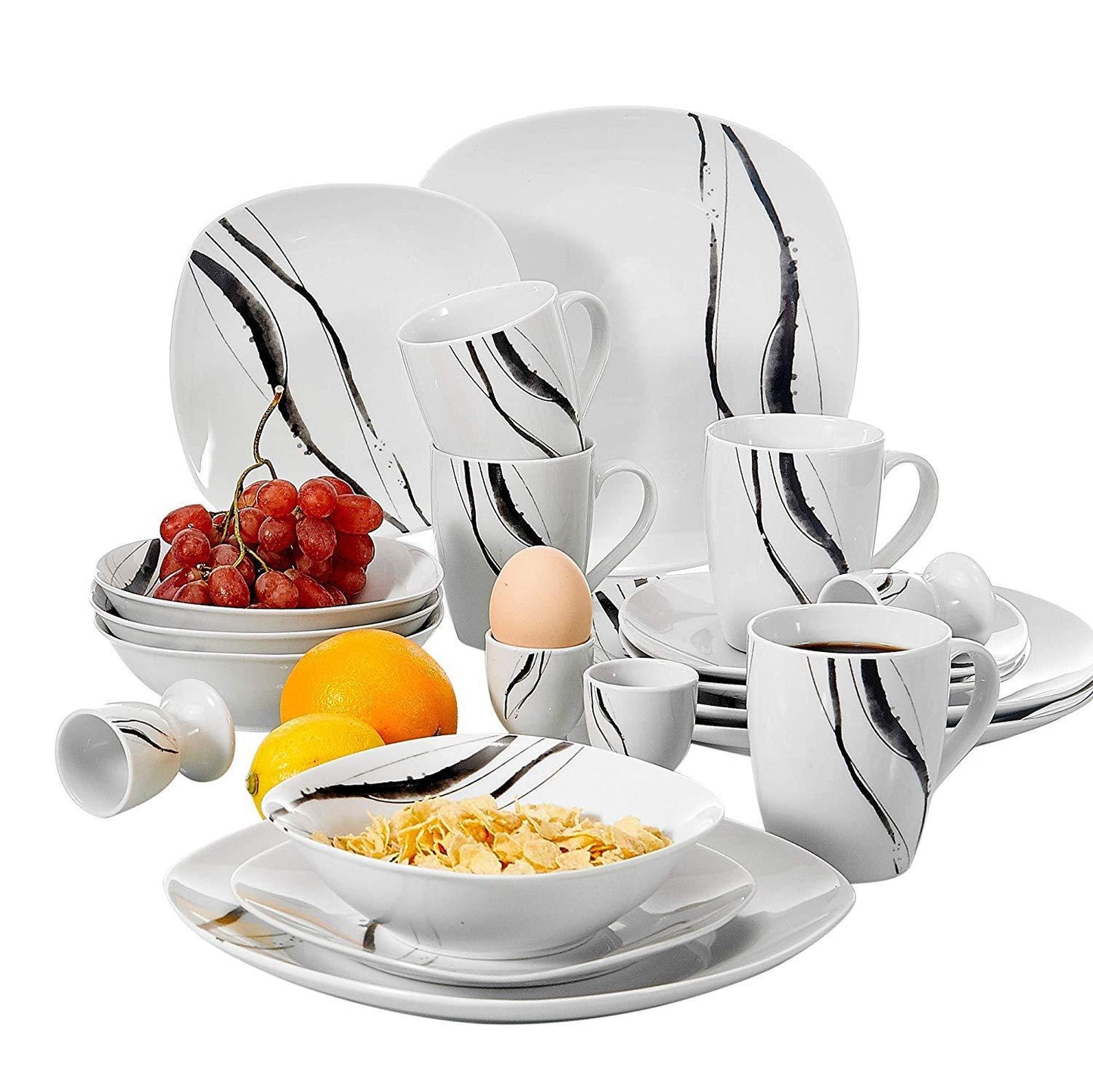 TERESA 20-Piece White Porcelain Ceramic Cutlery Dinner Set with 4*Egg Cup,Mug,Bowl,Dessert Plate,Dinner Plate Dish Set - Nordic Side - 20, Ceramic, CupMugBowlDessert, Cutlery, Dinner, Dish, E