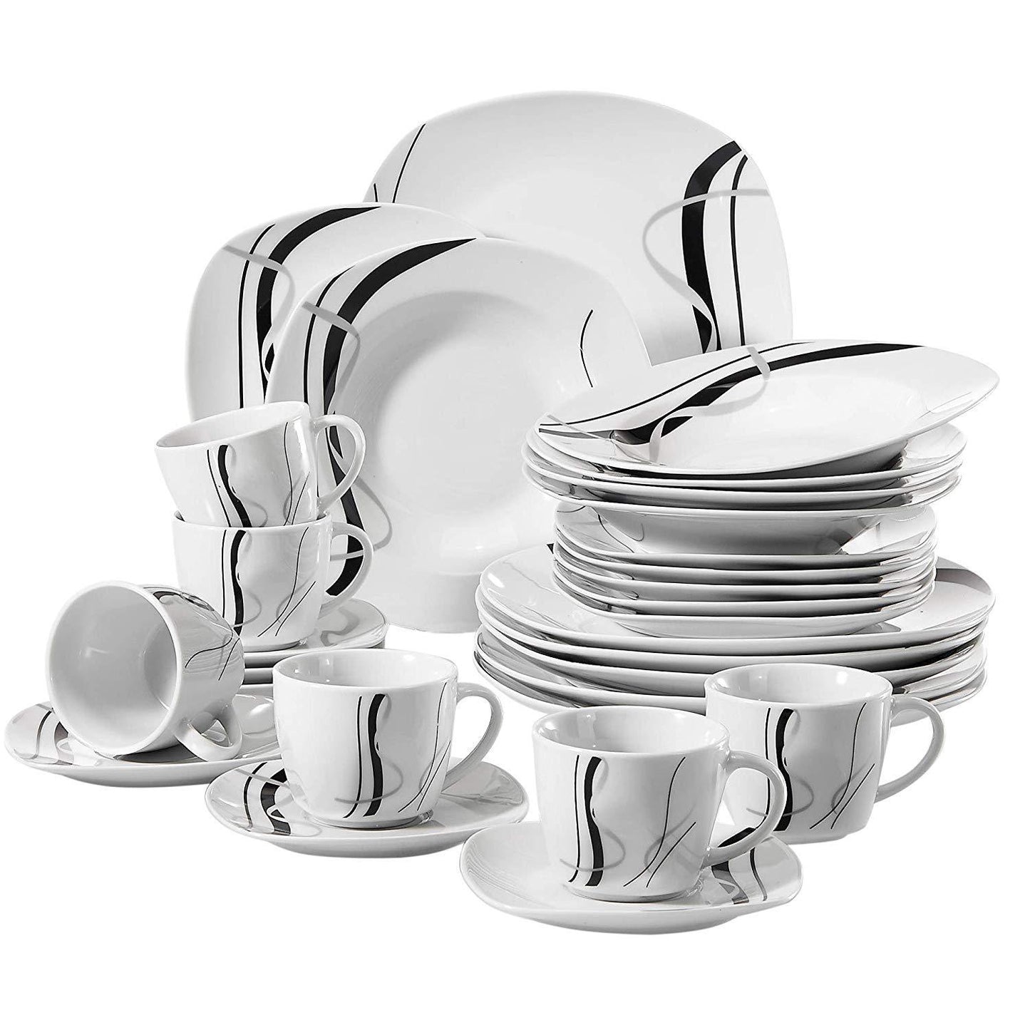 FIONA 30-Piece Black Lines Porcelain Ceramic Plate Combi-Set with Dessert Plates/Soup Plates/Dinner Plates/Cups/Saucers - Nordic Side - 30, Black, Ceramic, CombiSet, Dessert, FIONA, Lines, Pi