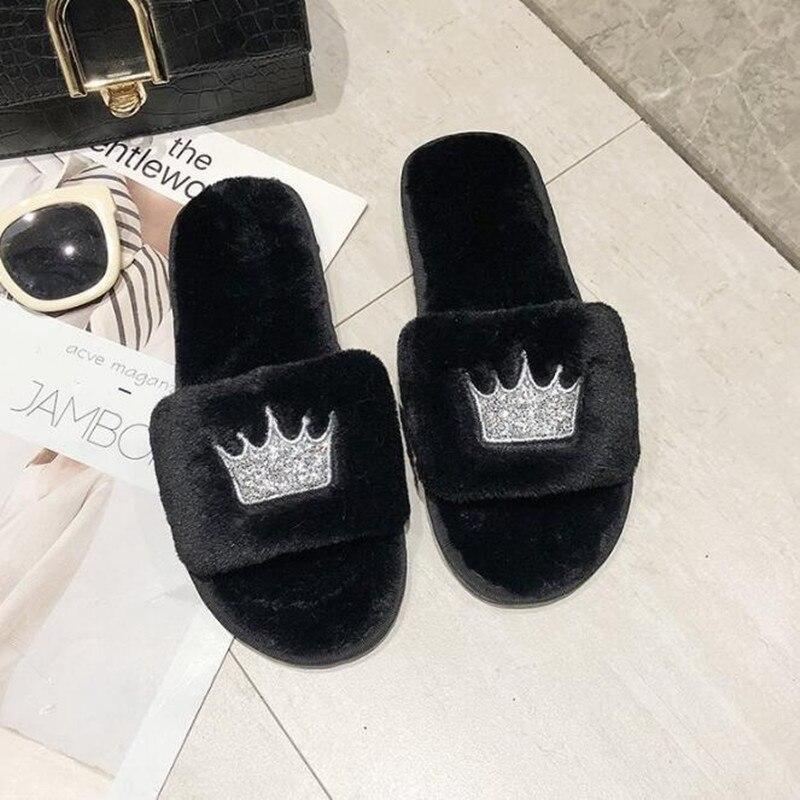 Crown Faux Fur Plush Indoor Slippers - Nordic Side - 