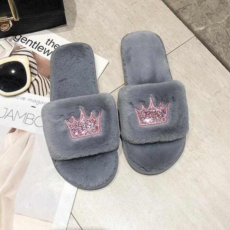 Crown Faux Fur Plush Indoor Slippers - Nordic Side - 