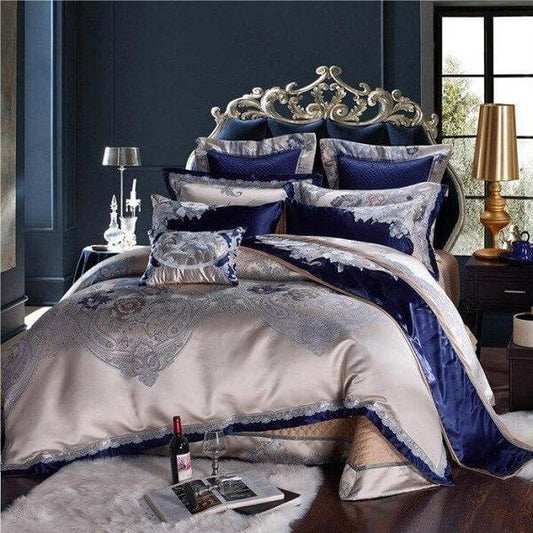 Impero Blue Silver Silk Cotton Jacquard Luxury Chinese Duvet Cover Set - Nordic Side - amazing, architecture, arcitecture, art, artist, ashley furniture near me, beautiful, bobs furniture out