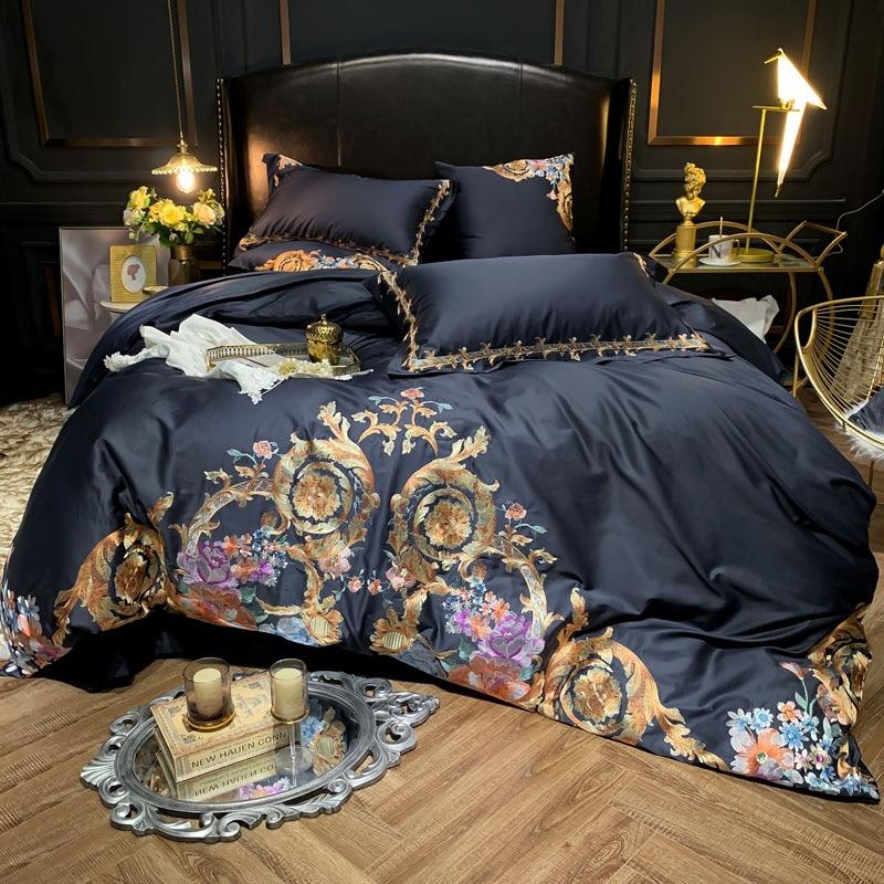 Luxury Embroidery Egyptian Cotton Blue Bedding Set Queen King Size Duvet  Cover