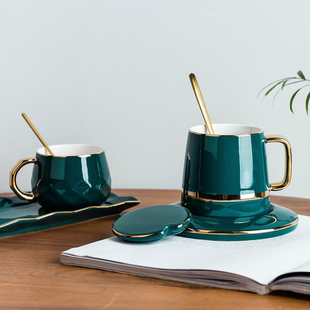 Green Coffee Cup Set With Mat And Lid Spoon