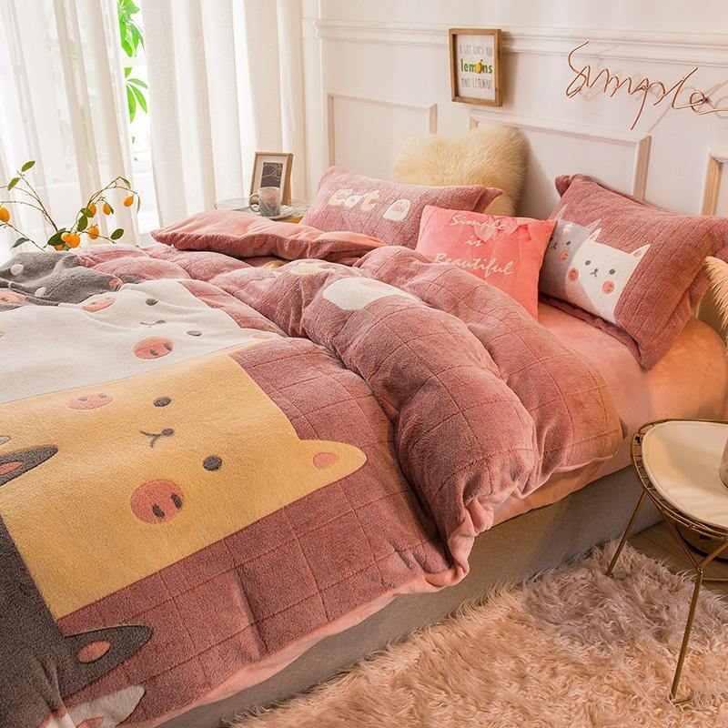 Cat Coral Velvet Bedding Set - Nordic Side - 