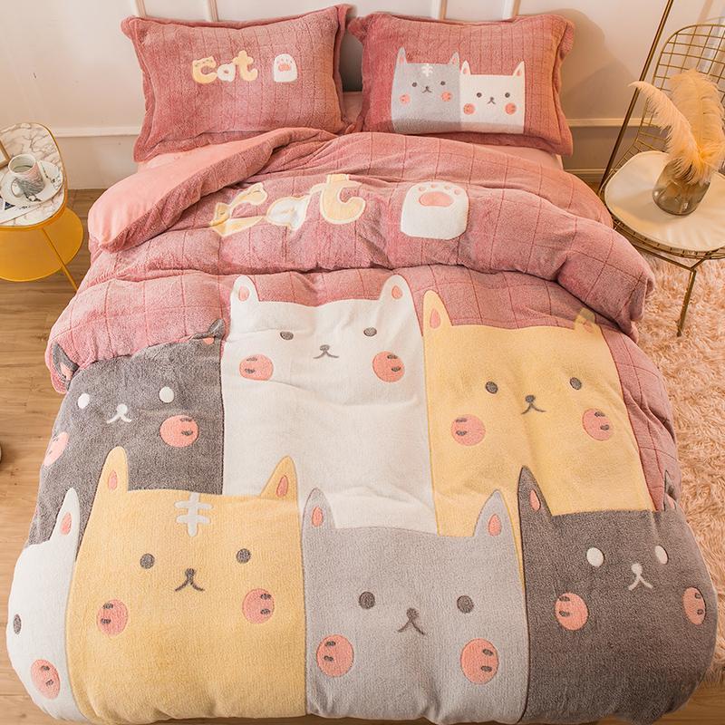 Cat Coral Velvet Bedding Set - Nordic Side - 