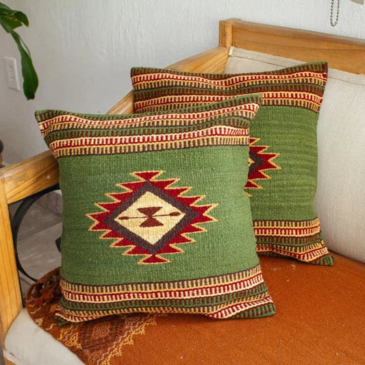 Handmade Traditional Diamonds in Green/Red/Beige Zapotec Wool Cushion Covers (Pair)