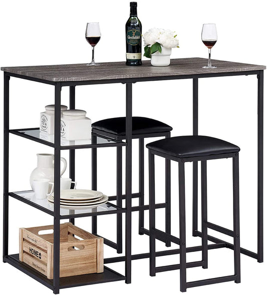 VECELO 3-Piece Pub Dining Set Counter Height Breakfast Table with Cushion Stool, Black