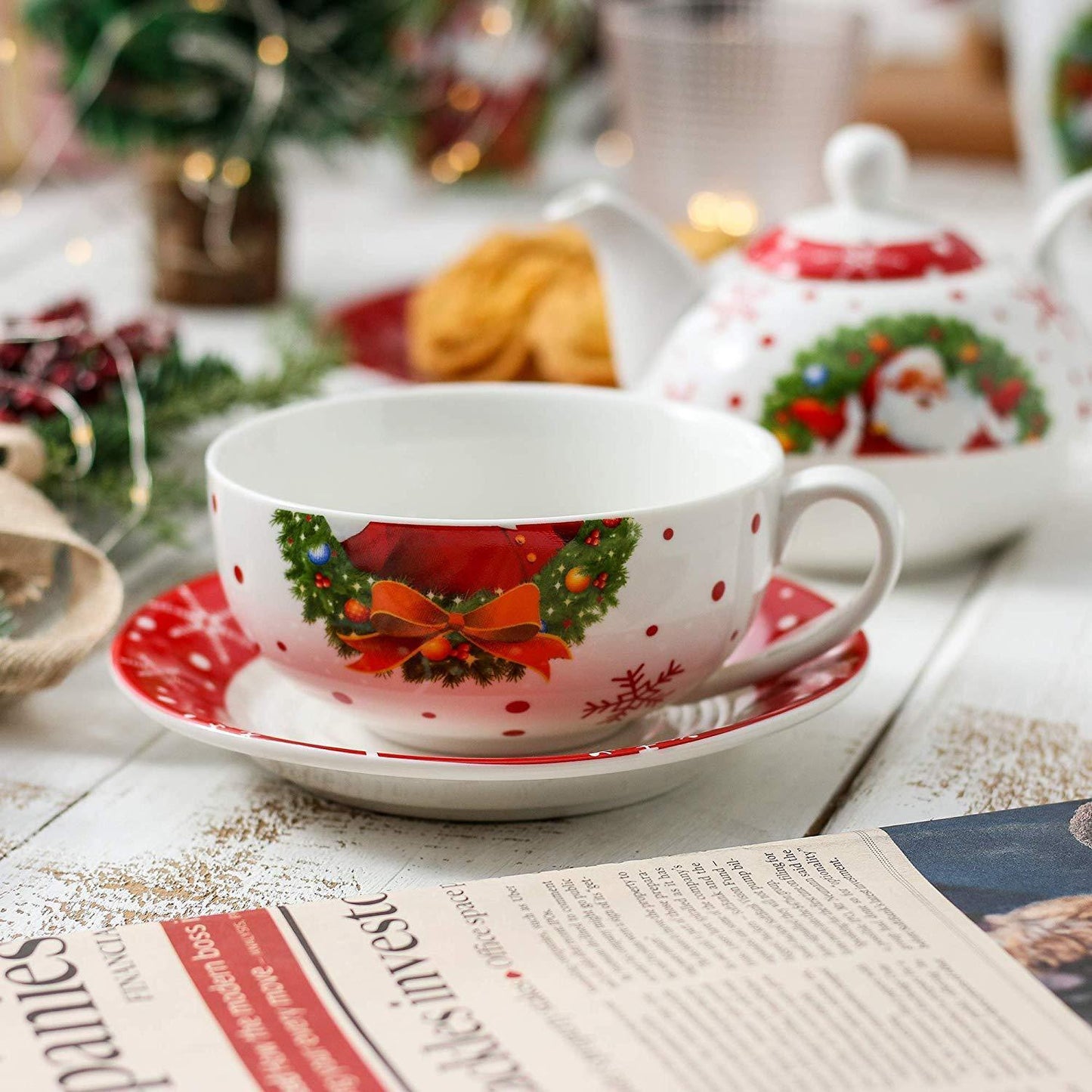 Christmas Pattern Porcelain Tea Set for One - Nordic Side - christmas, dinnerware, new year, xmas