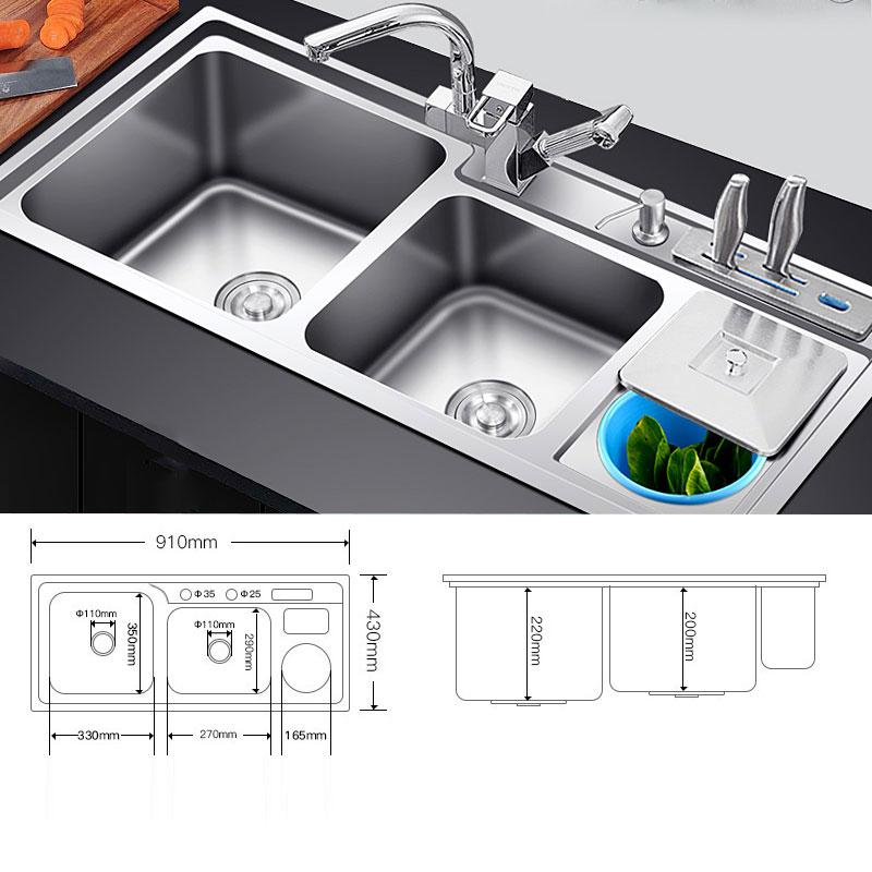 Ross - Stainless Steel Double Countertop Kitchen Sink with Trash Can - Nordic Side - 03-18, modern-pieces