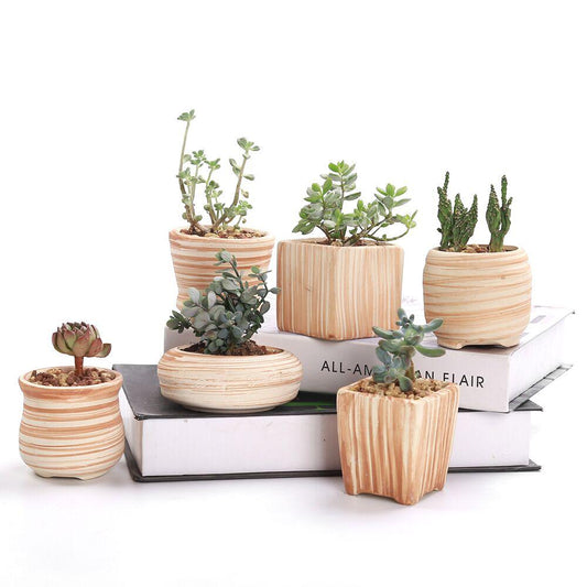 Set of 6 Ceramic Wooden Pattern Flower Planter - Nordic Side - 02-09, feed-cl1-planters, modern-farmhouse, modern-planter-collection