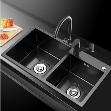 Daxon - Black Nano Stainless Steel Double Kitchen Sink with Soap Dispenser - Nordic Side - 03-18, modern-pieces