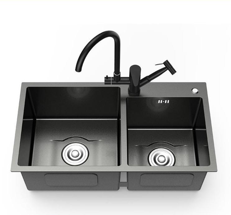 Daxon - Black Nano Stainless Steel Double Kitchen Sink with Soap Dispenser - Nordic Side - 03-18, modern-pieces