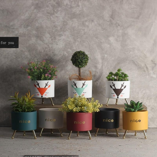 Jolie - Decorative Iron Frame Ceramic Flower Plant Pot - Nordic Side - 02-09, modern-pieces
