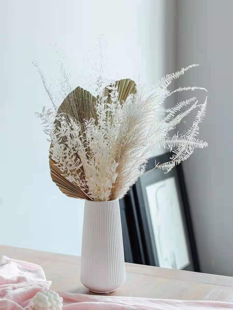 Palm Leaves with White Large Pampas Grass and Dried Flowers Bouquet