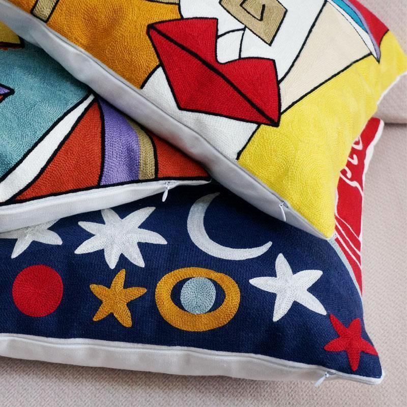Cotton Picasso Embroidered Square Pillow Case - Nordic Side - 