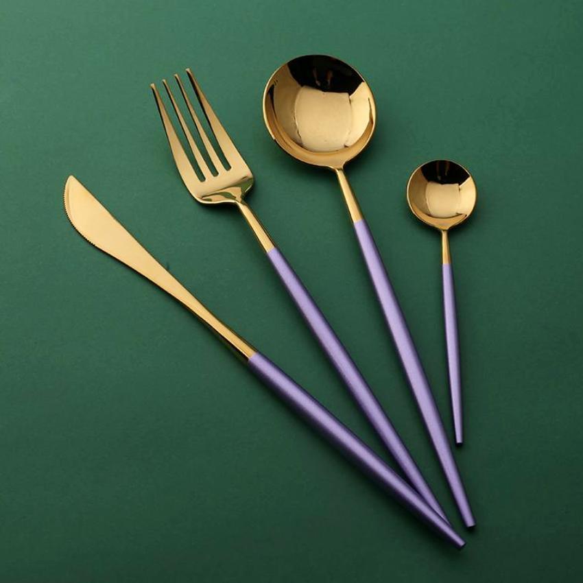 4 Pcs Mirror Surface Purple & Gold Cutlery Set - Nordic Side - 