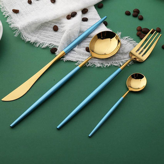 4 Pcs Mirror Surface Blue & Gold Cutlery Set - Nordic Side - 