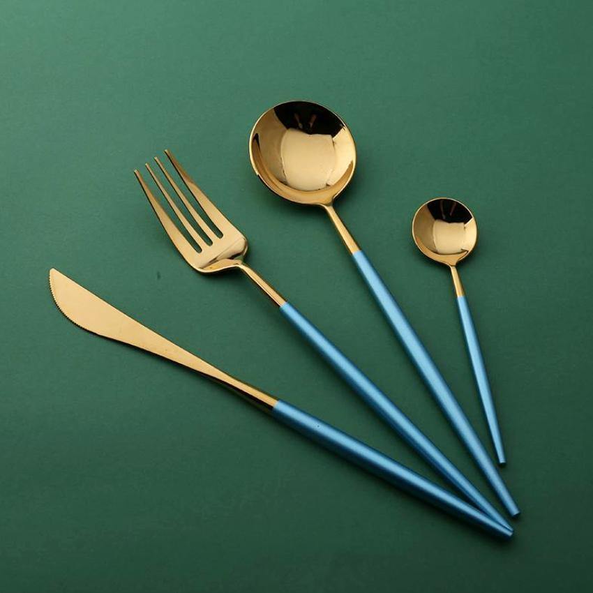 4 Pcs Mirror Surface Blue & Gold Cutlery Set - Nordic Side - 